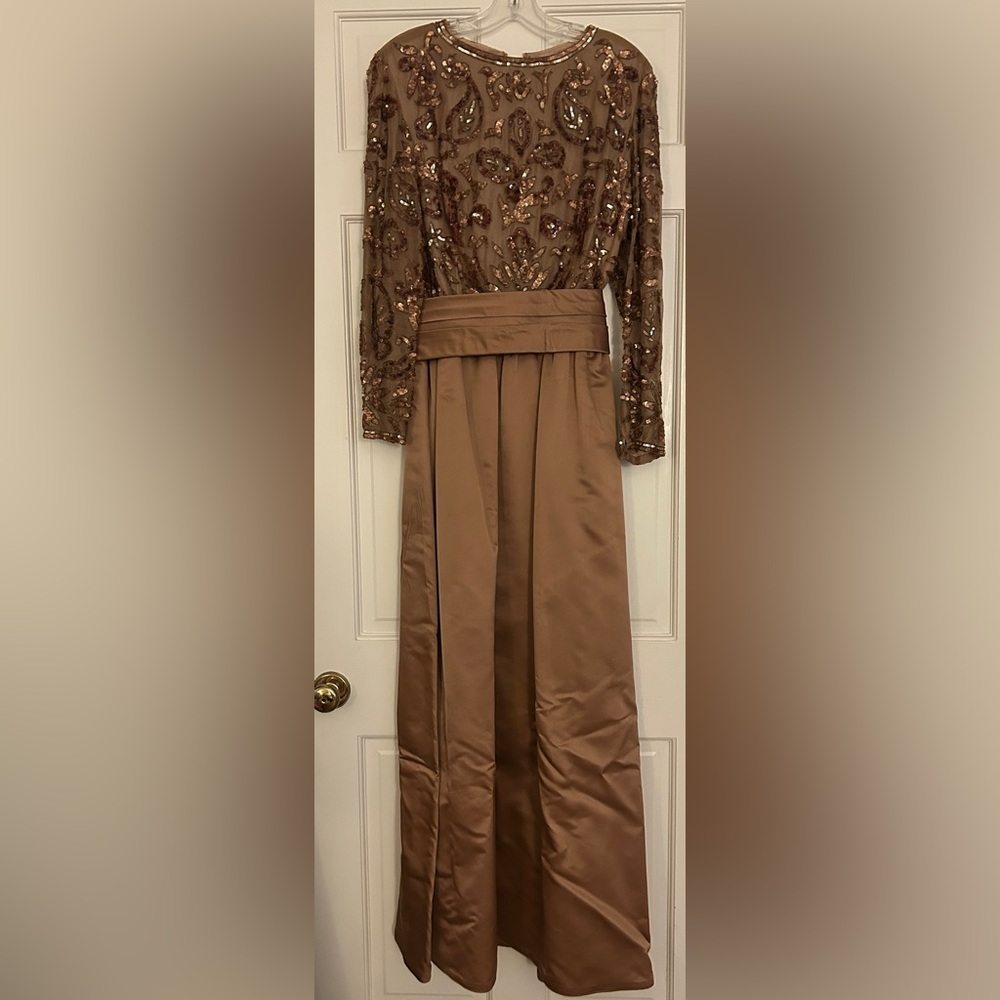 Vintage Elegant Brown Long Sleeve Sequined Dress with Pockets and Removable Belt